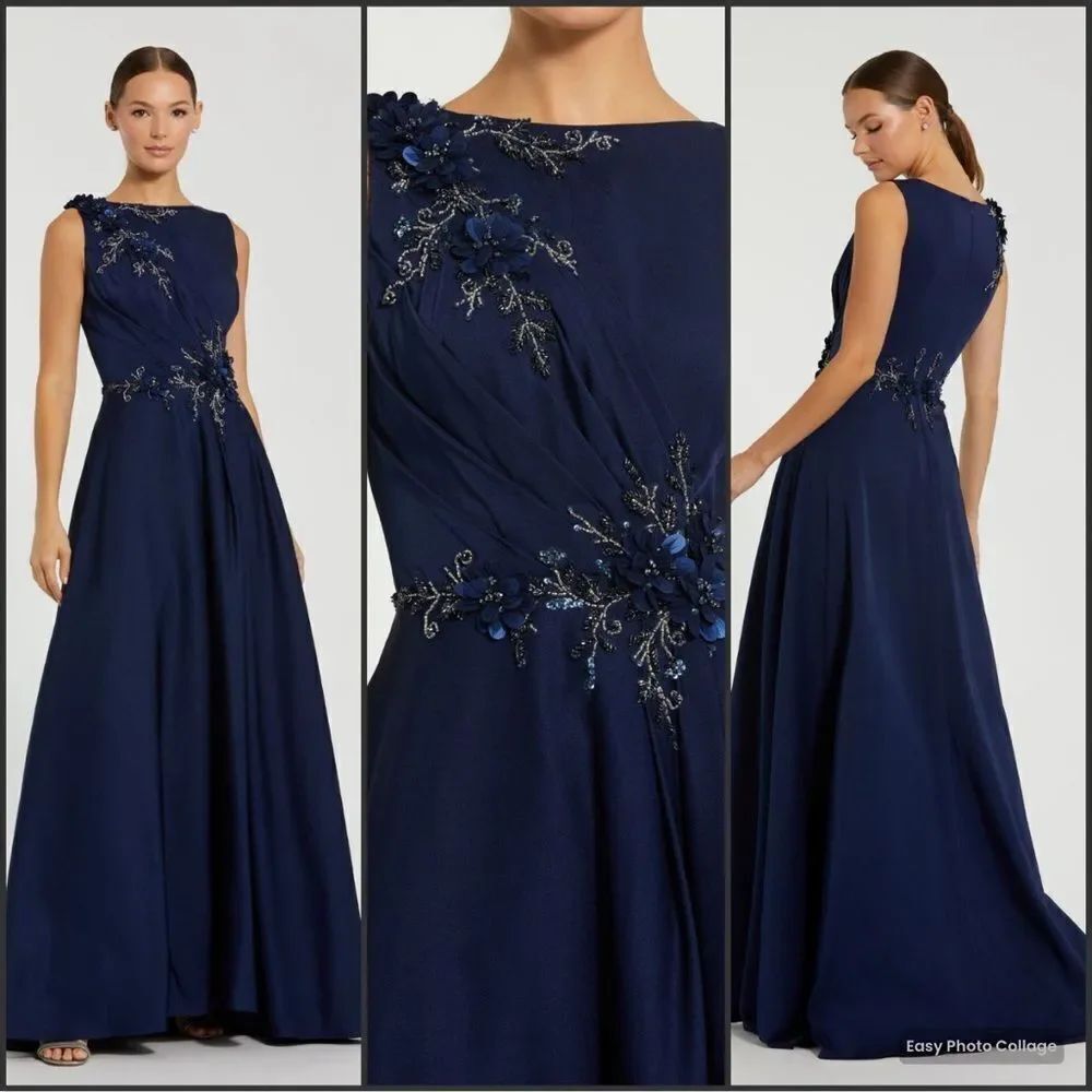 MAC DUGGAL 20365  Navy Floral Applique Sleeveless A Line Gown